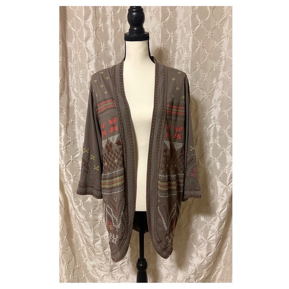 Johnny Was Bohemian Brown Embroidered Open Front Draped Cardigan - Picture 2 of 10